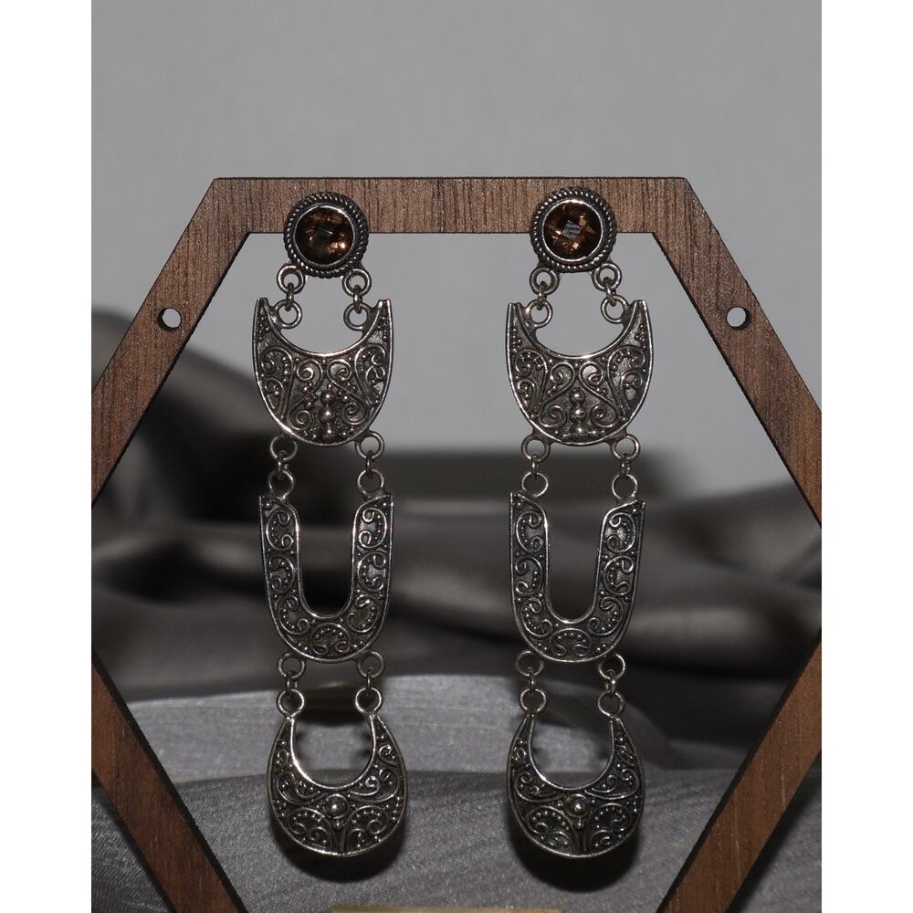 BA Sterling Silver Smoky Quartz Dangle Earrings 11.1G / 2.6in